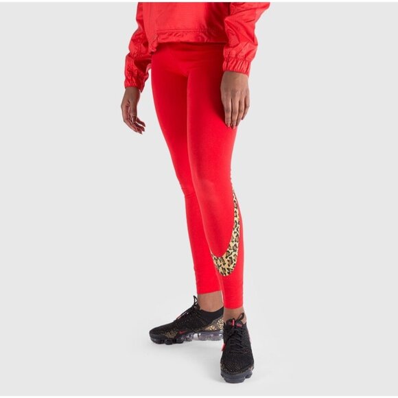 Nike Animal Print Leggings Women's Size XL Red Leopard Swoosh Cotton Spandex - Picture 2 of 12
